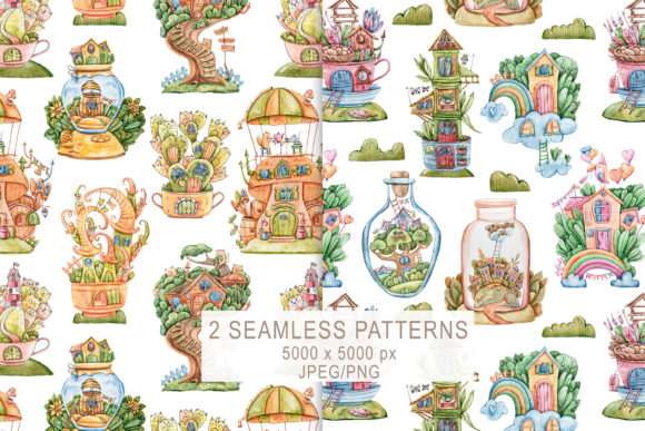 Watercolor Cute Houses Seamless Patterns